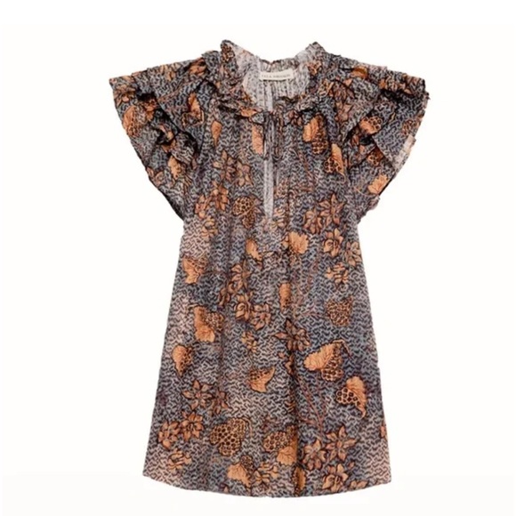 ULLA JOHNSON Alva Ruffled Printed Cotton-Blend‎ Top in Aegean Size 2 - Picture 3 of 10